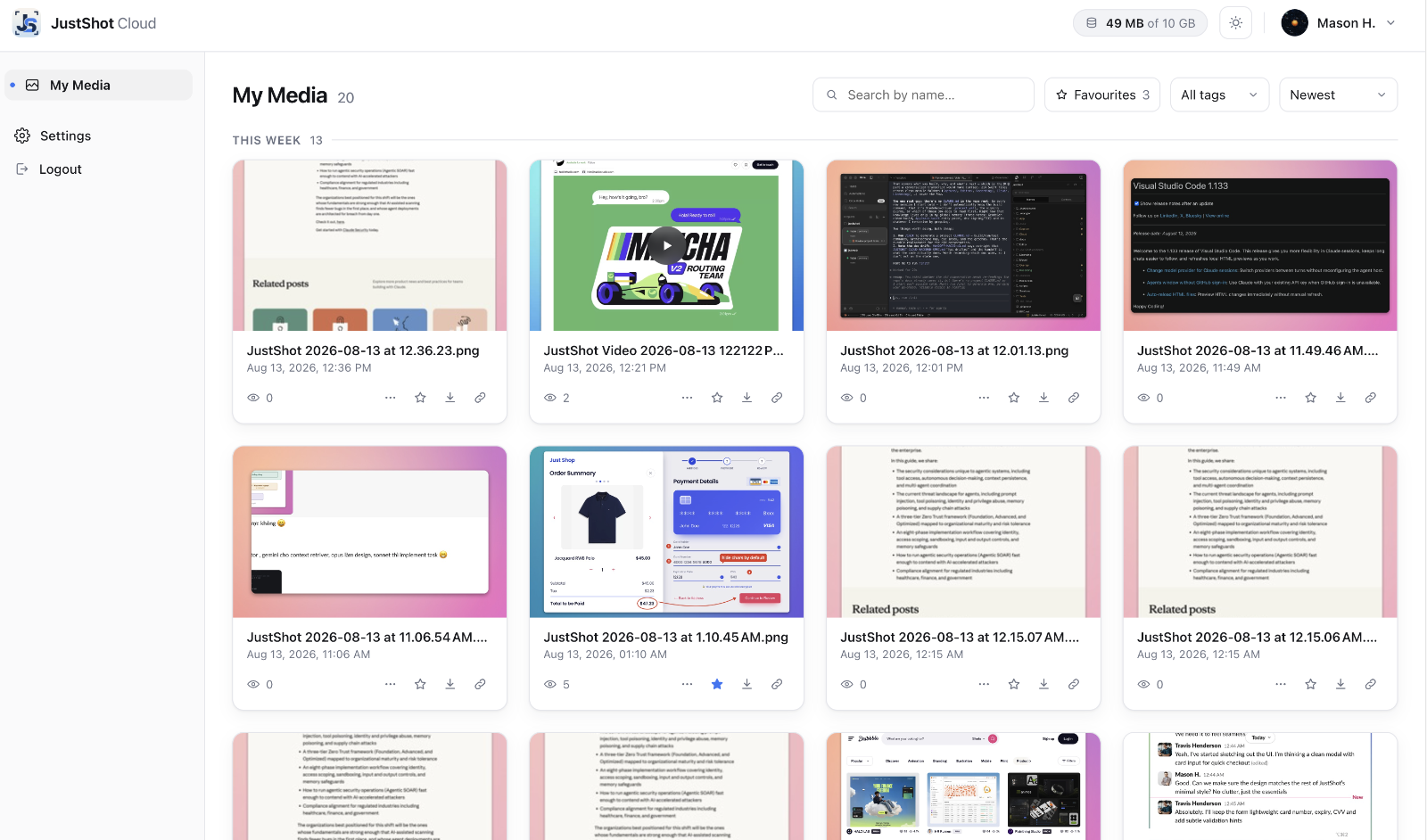 The JustShot Cloud dashboard: a grid of recent captures with names, dates and view counts, and 49 MB of 10 GB used